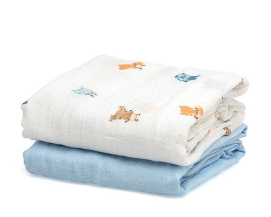 PACK 2 MUSELINA de 120X120CM BAMBÚ ANIMALITOS AZUL